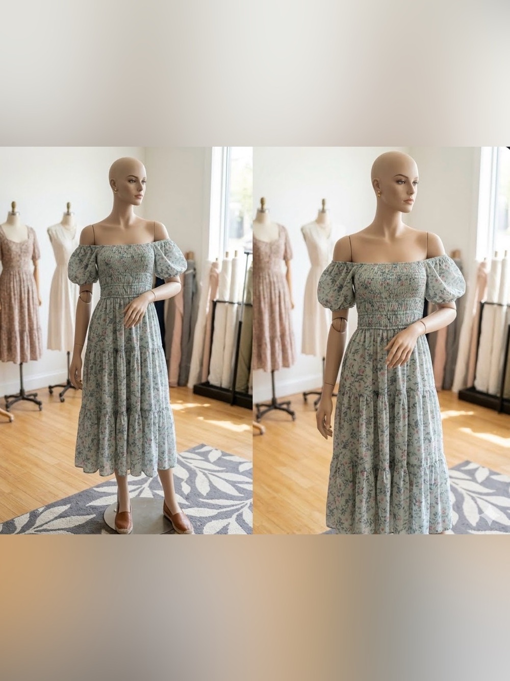 Smocked Off-Shoulder Tiered Midi Dress in Sage Floral